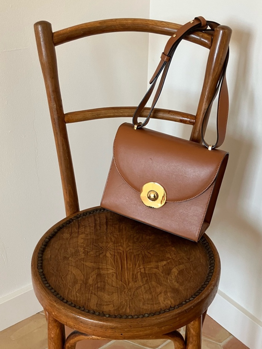 Tara Jarmon Caramel Brown Leather Adjustable Handbag with Gold Disc Closure